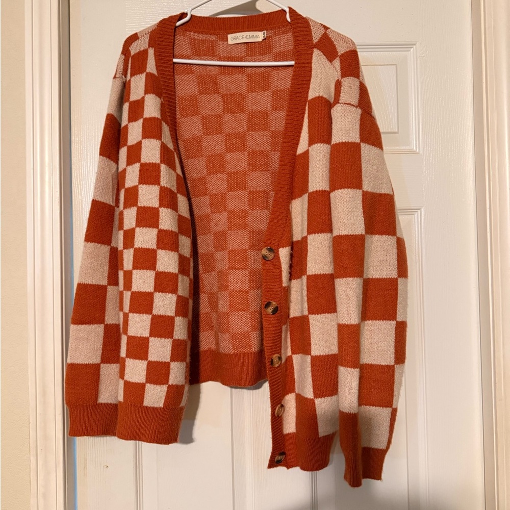 Chicwish Orange and Cream Checkered Cardigan